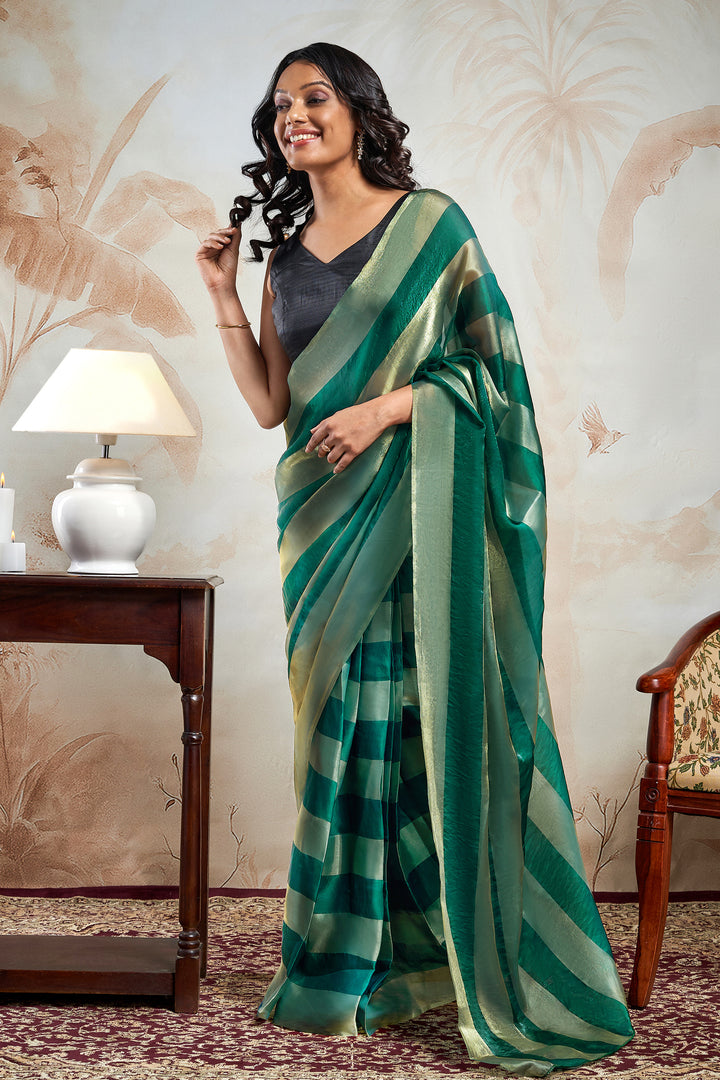 Rivana Satin Pre-Draped Bottle Green Striped Saree