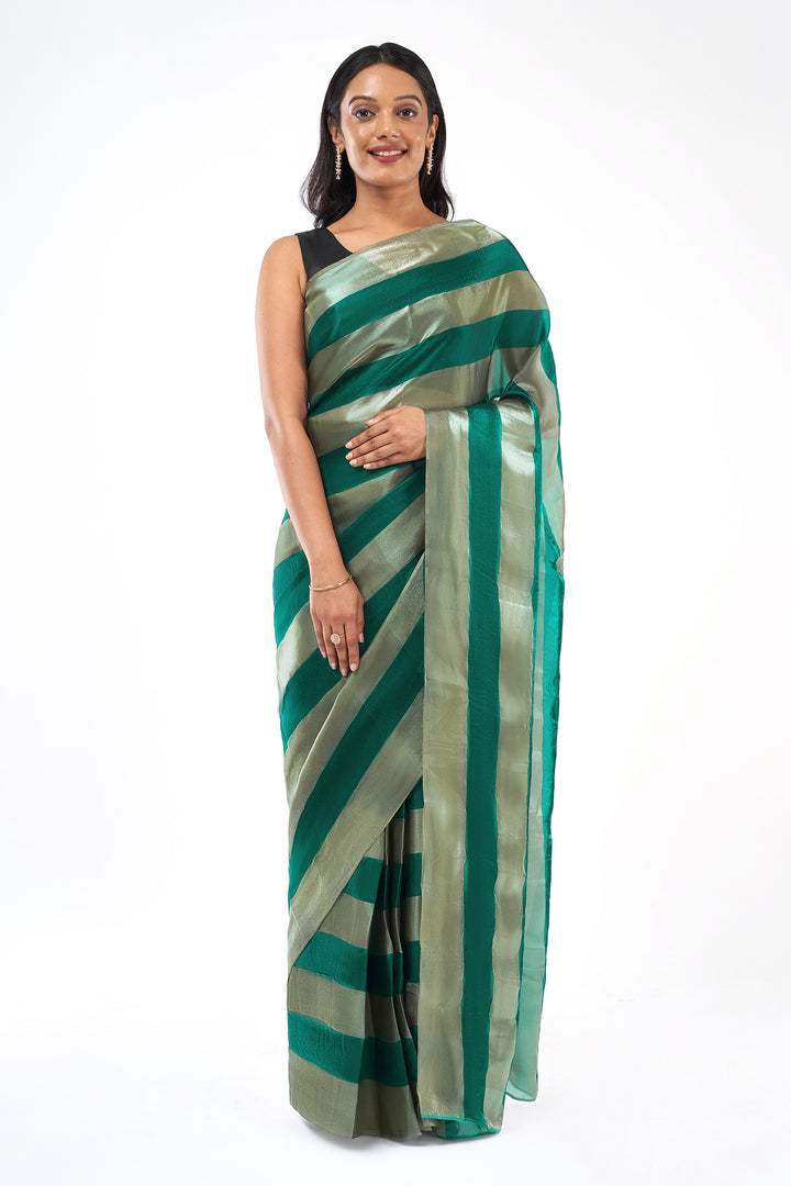 Rivana Satin Pre-Draped Bottle Green Striped Saree