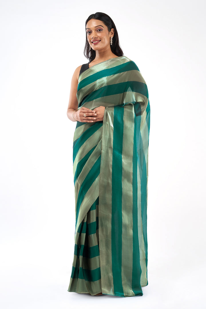 Rivana Satin Pre-Draped Bottle Green Striped Saree