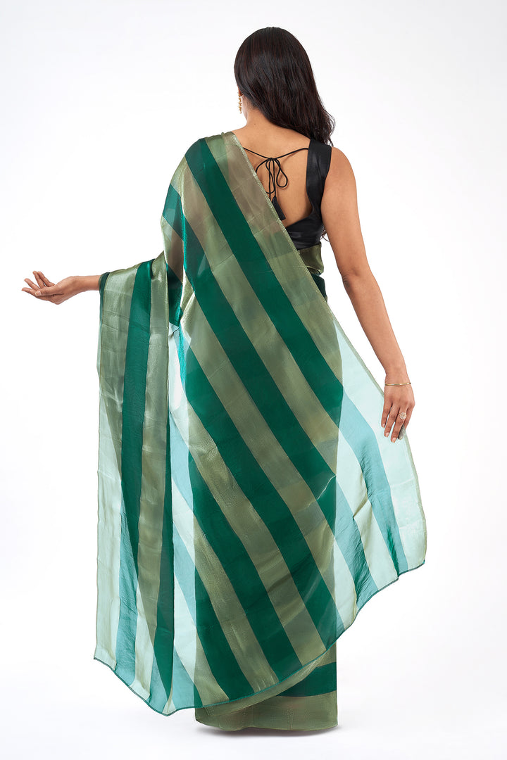 Rivana Satin Pre-Draped Bottle Green Striped Saree