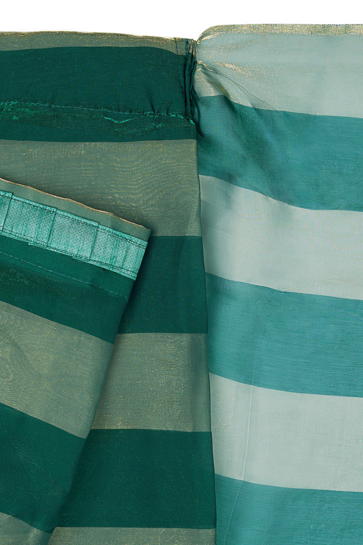 Rivana Satin Pre-Draped Bottle Green Striped Saree