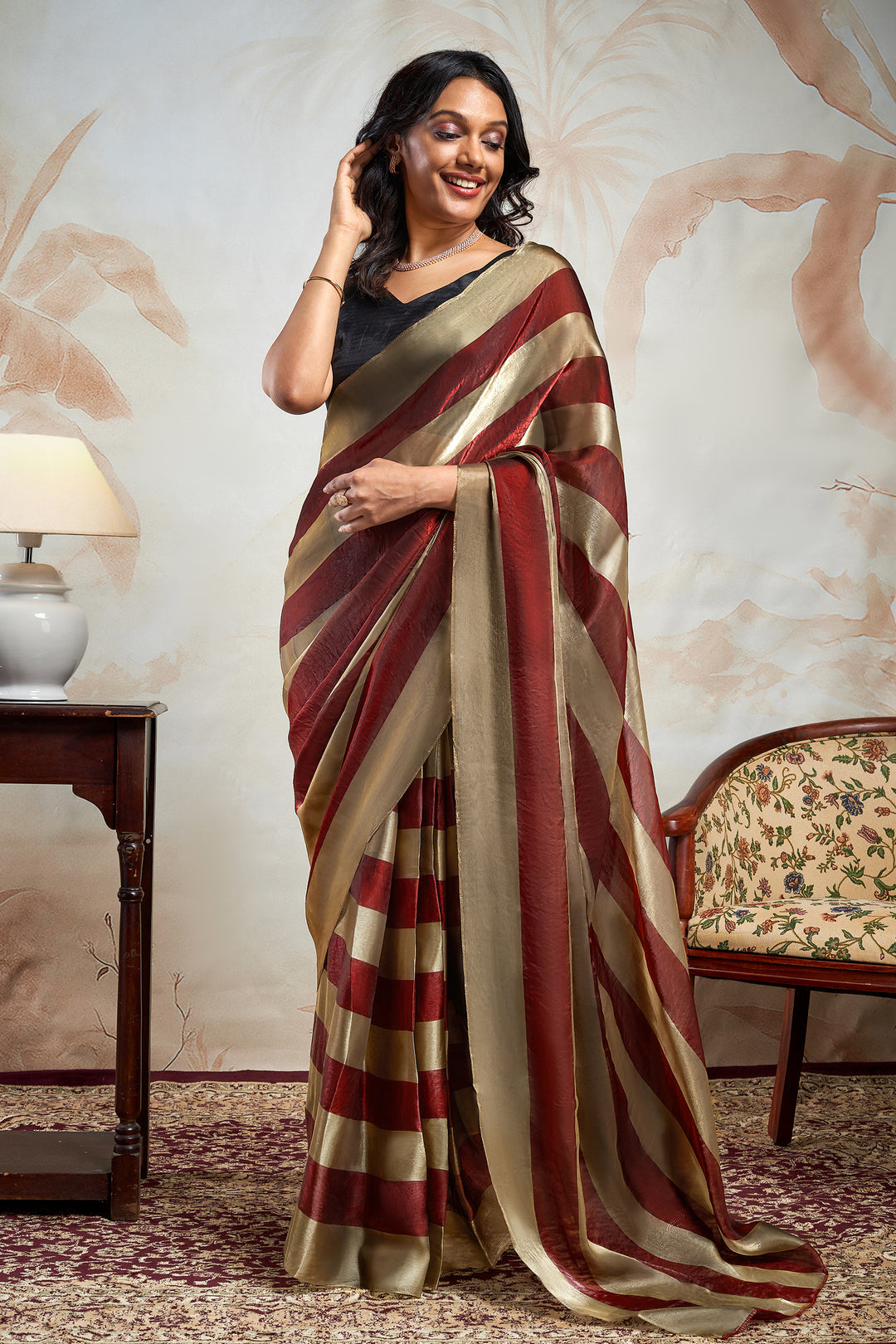 Ameera Satin Pre-Draped Maroon Striped Saree