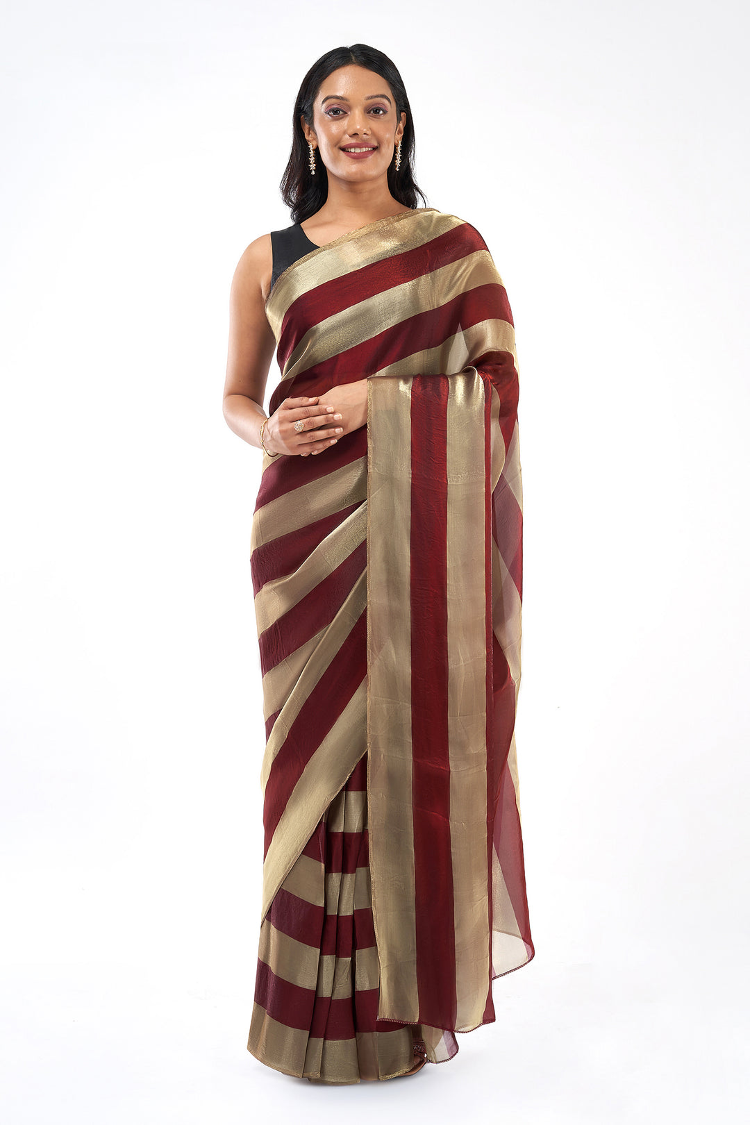 Ameera Satin Pre-Draped Maroon Striped Saree