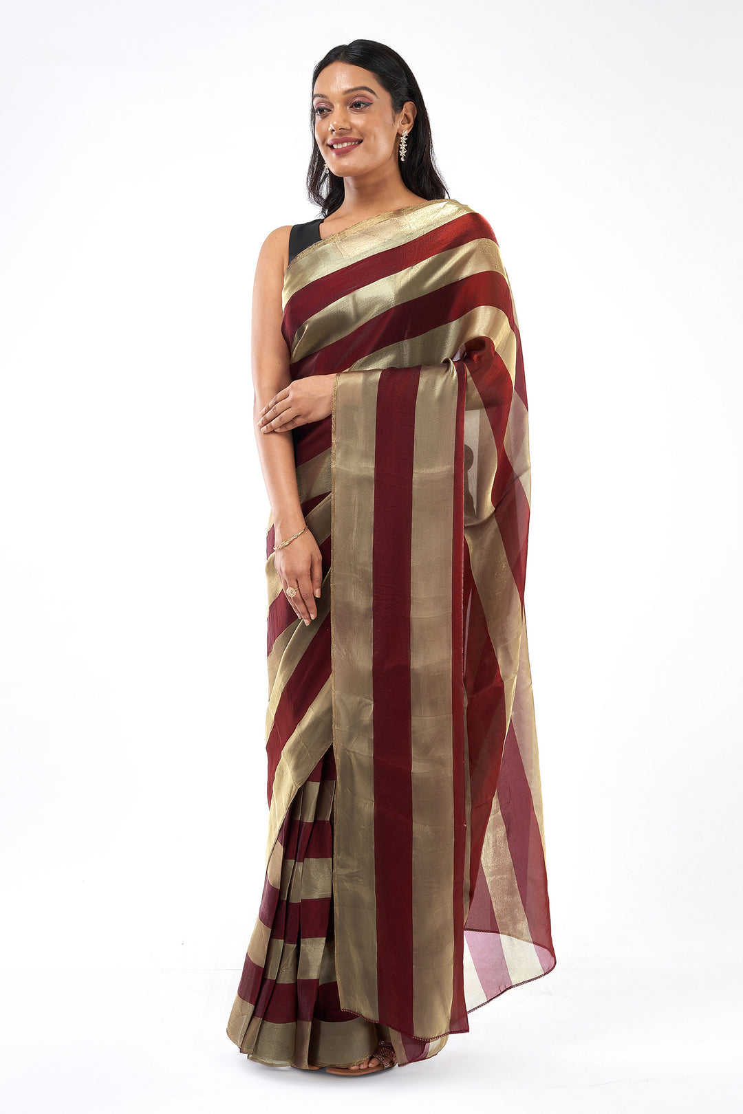 Ameera Satin Pre-Draped Maroon Striped Saree