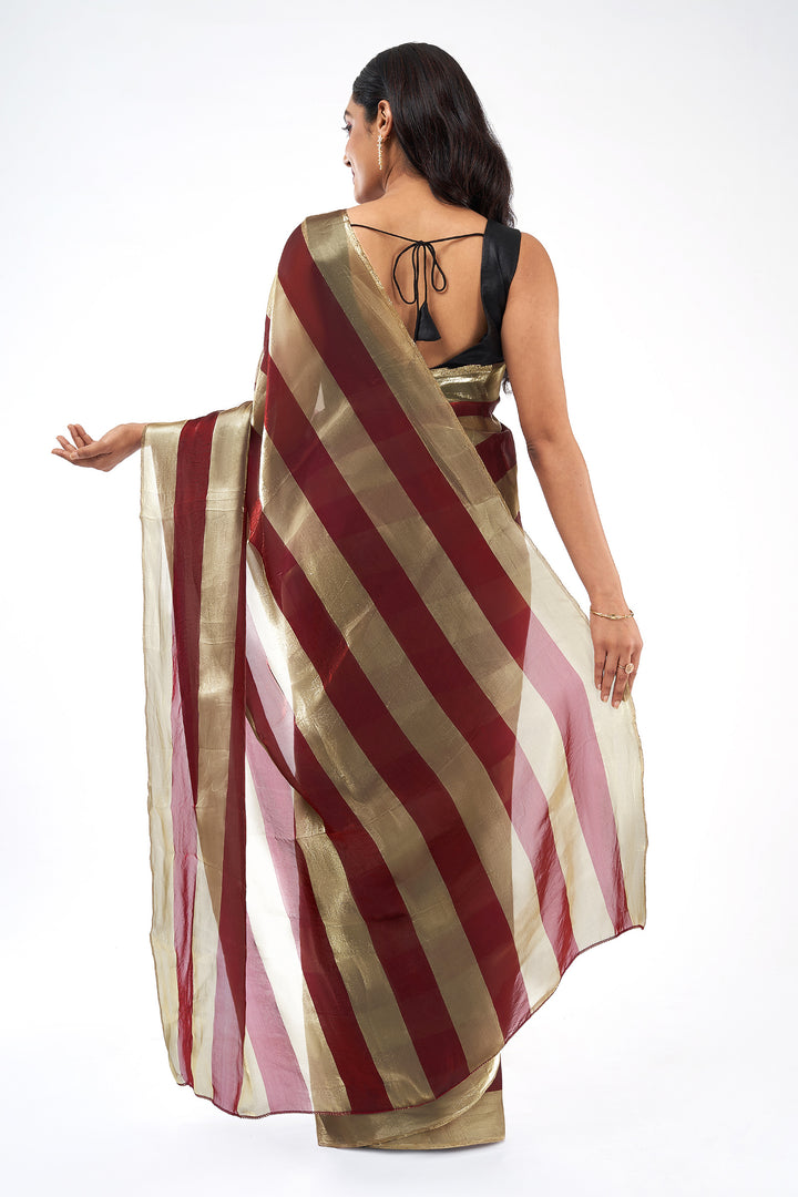 Ameera Satin Pre-Draped Maroon Striped Saree