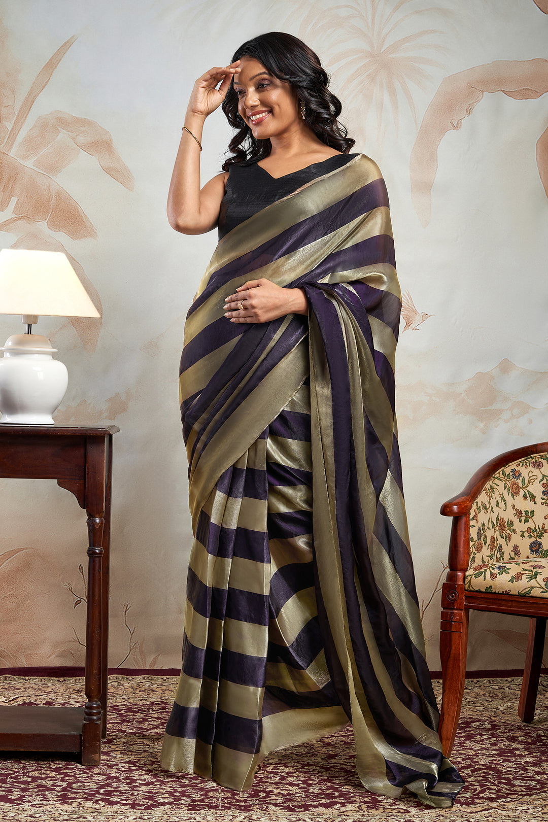 Mahishka Satin Pre-Draped Purple Striped Saree