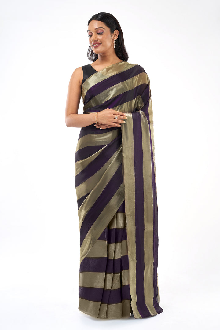 Mahishka Satin Pre-Draped Purple Striped Saree