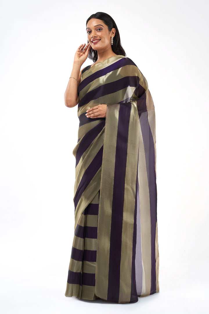 Mahishka Satin Pre-Draped Purple Striped Saree
