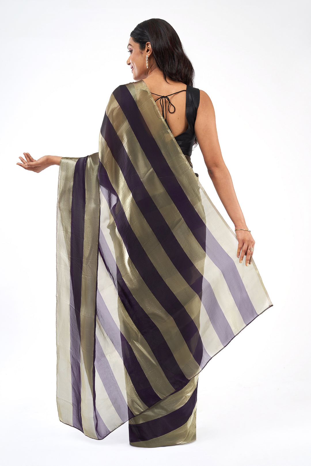 Mahishka Satin Pre-Draped Purple Striped Saree
