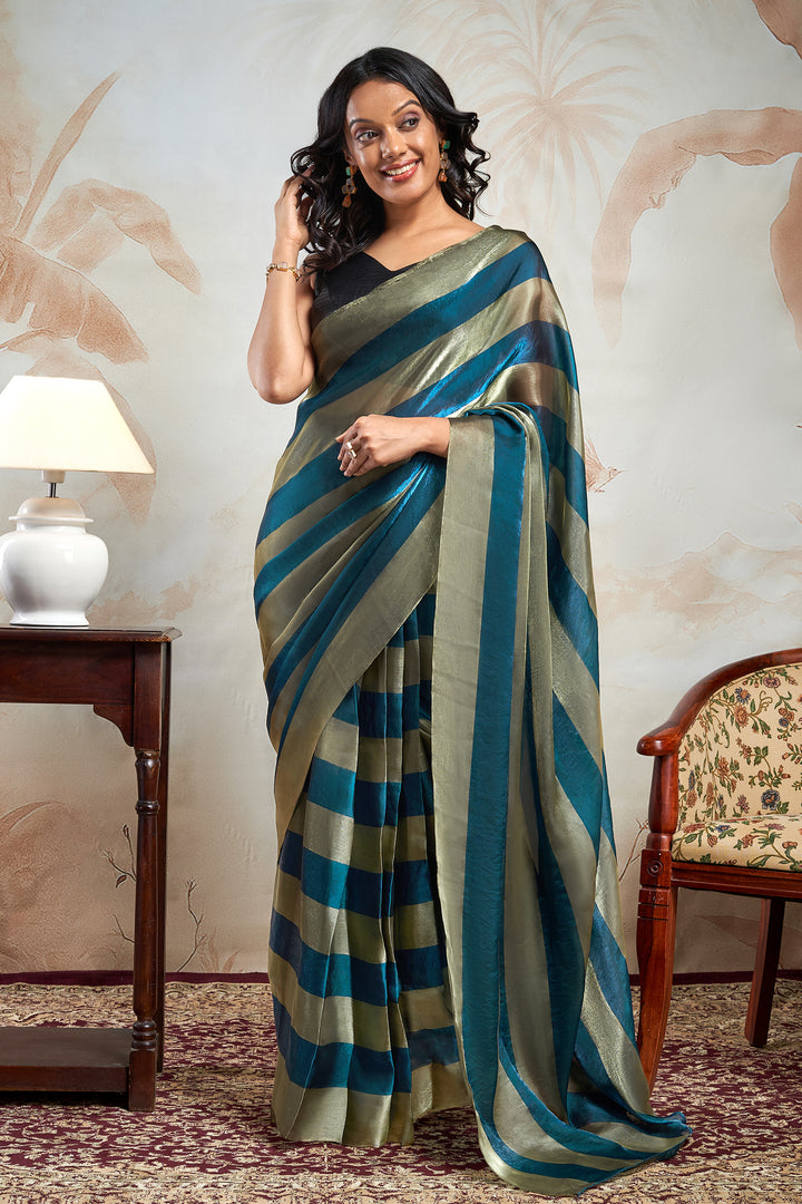 Kaia Satin Pre-Draped Blue Striped Saree