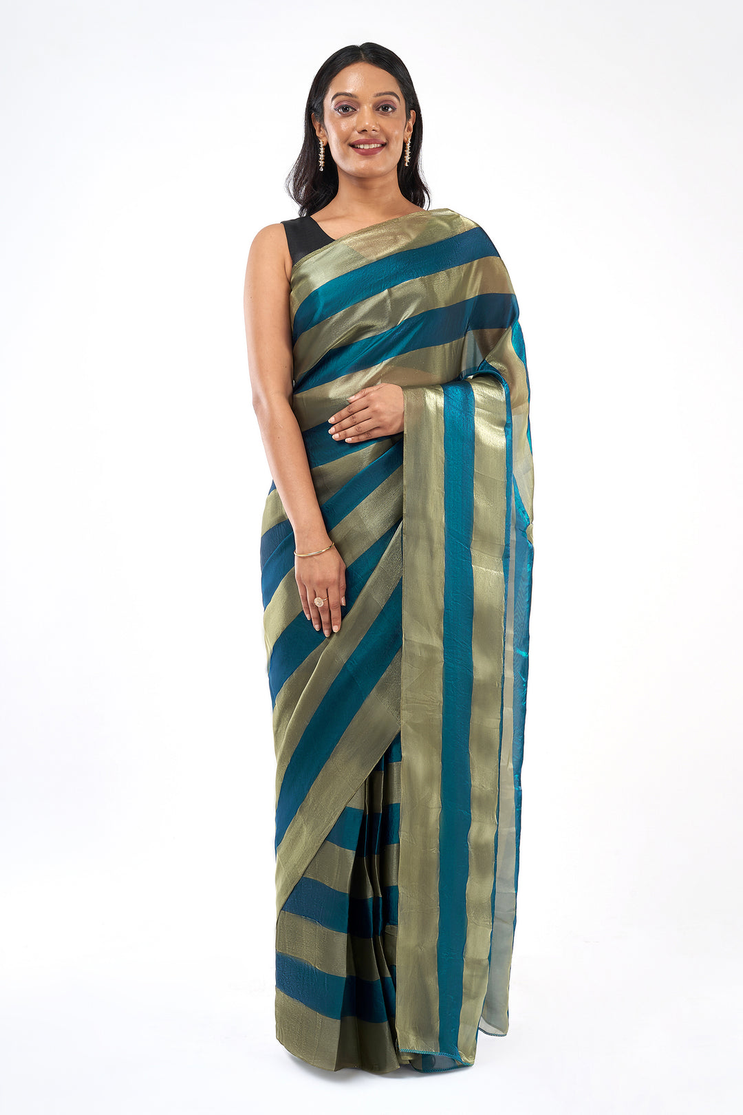 Kaia Satin Pre-Draped Blue Striped Saree