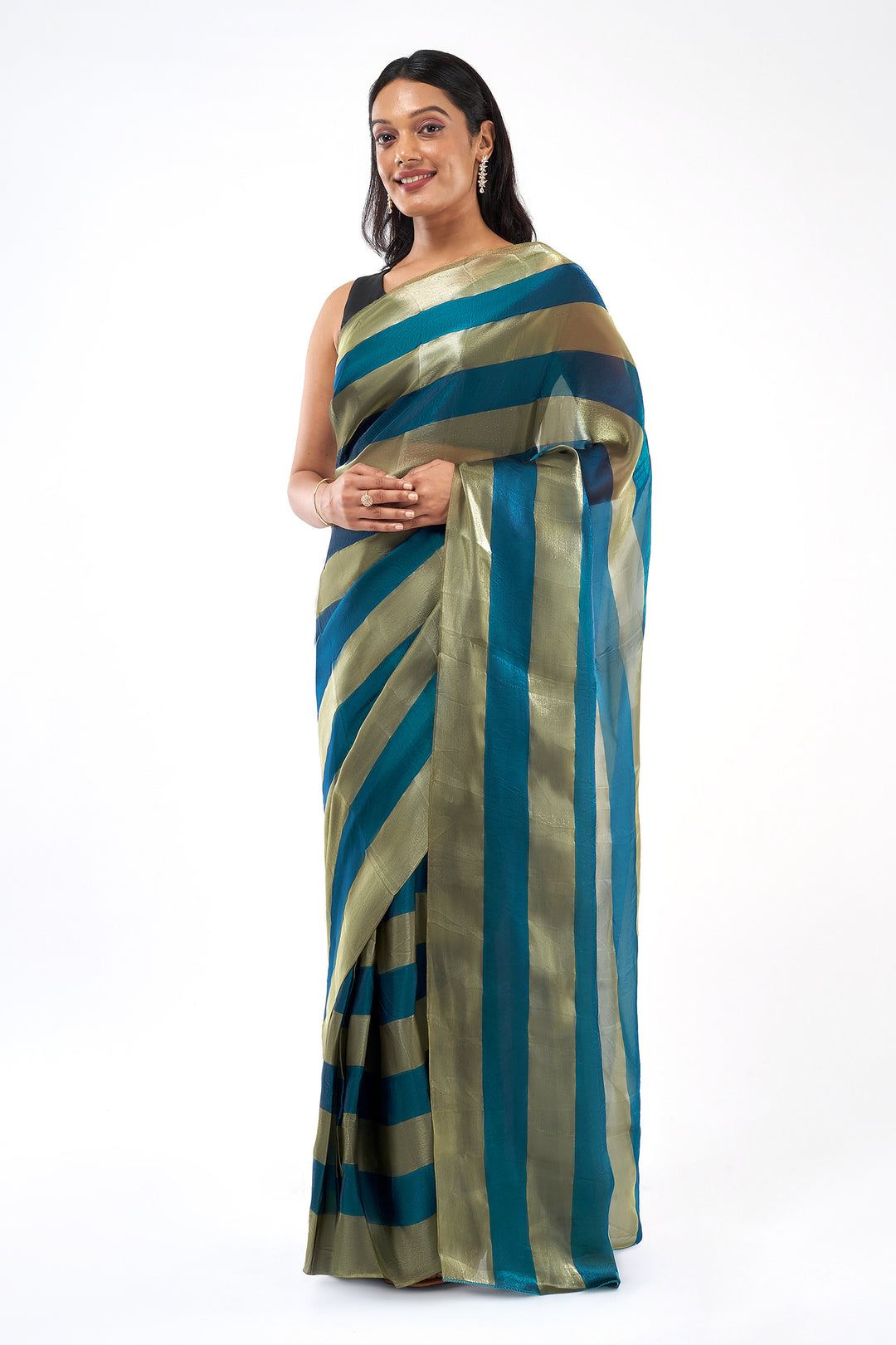 Kaia Satin Pre-Draped Blue Striped Saree