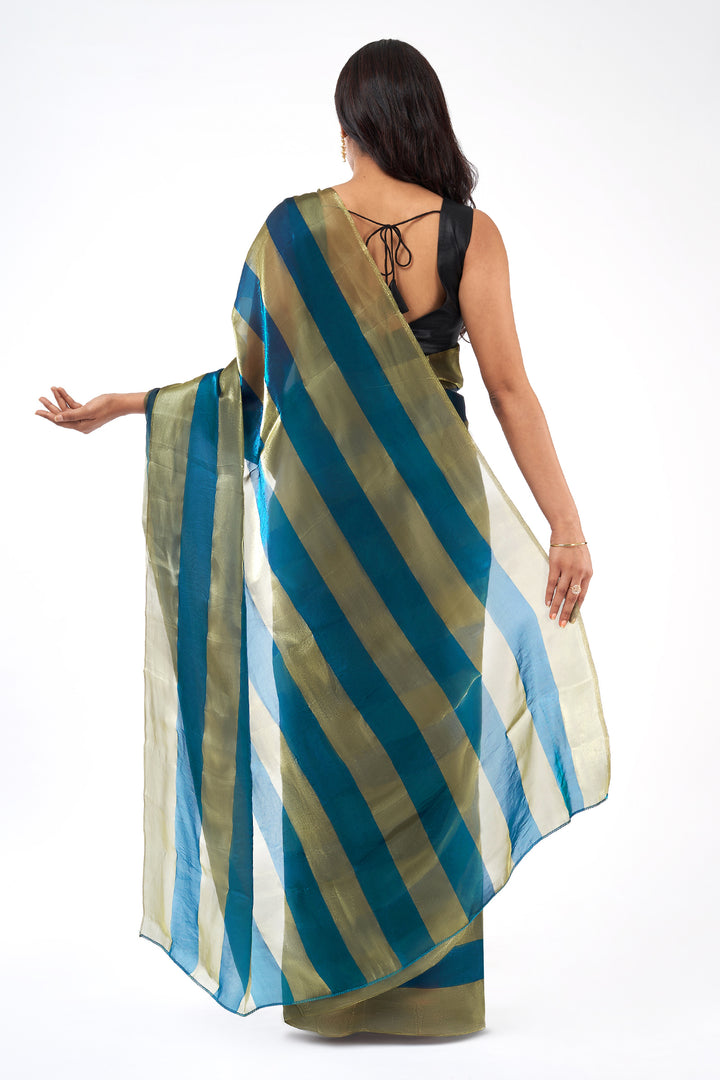 Kaia Satin Pre-Draped Blue Striped Saree