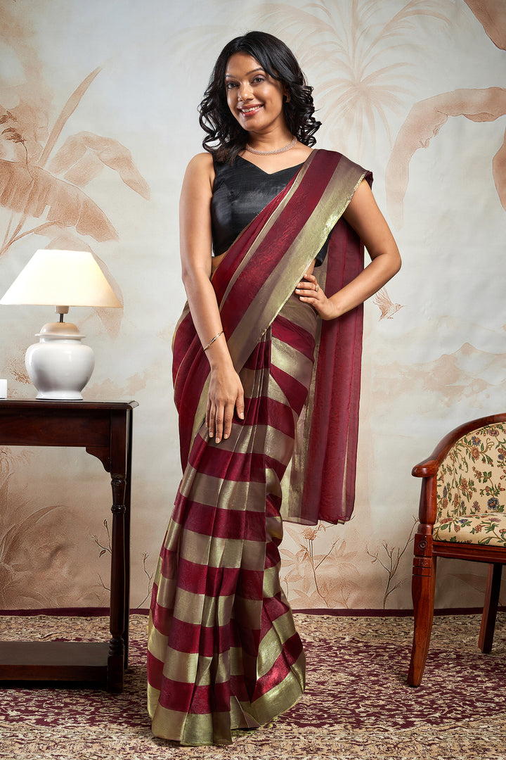 Ivara Satin Pre-Draped Wine Striped Saree