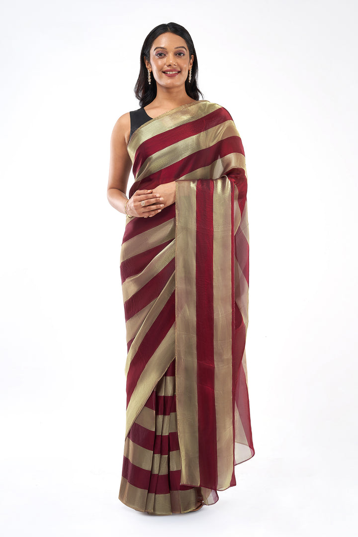 Ivara Satin Pre-Draped Wine Striped Saree