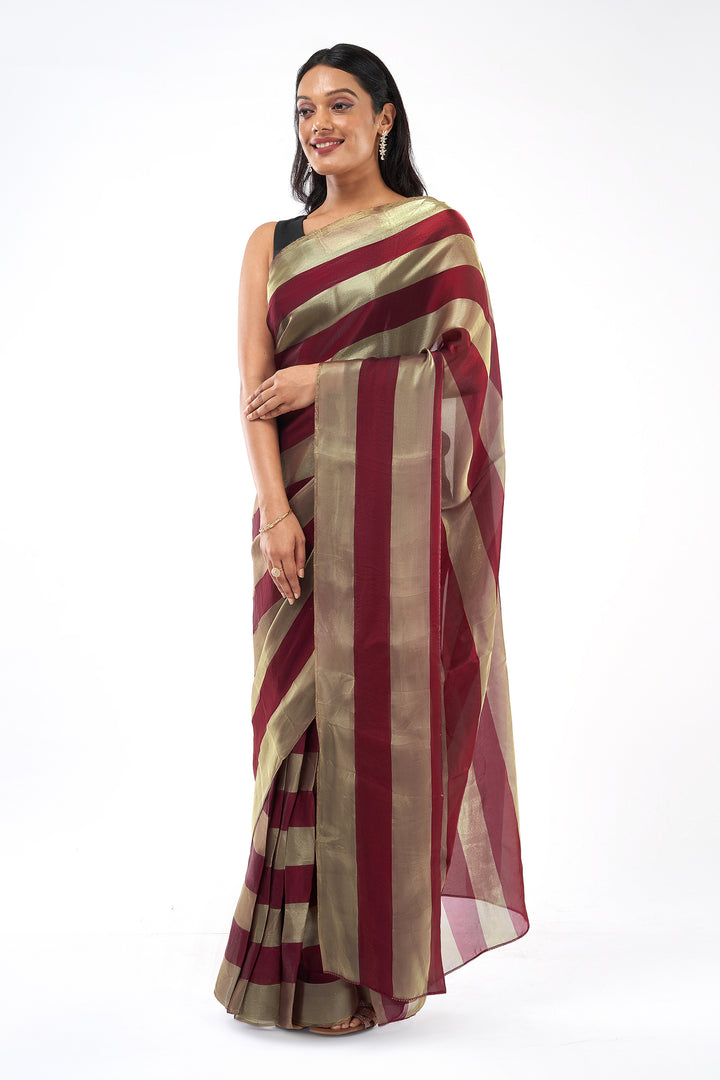 Ivara Satin Pre-Draped Wine Striped Saree