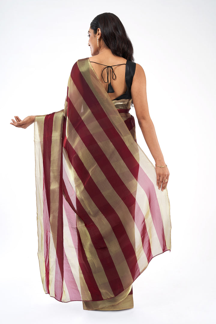 Ivara Satin Pre-Draped Wine Striped Saree