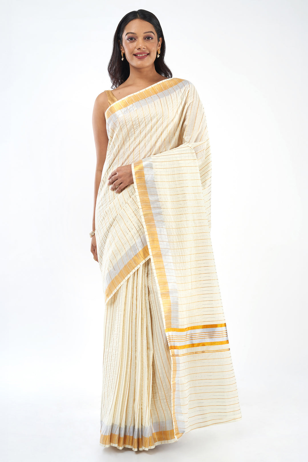 Teejh Nilayam Gold and Silver Zari Stripes Kasavu Sarees