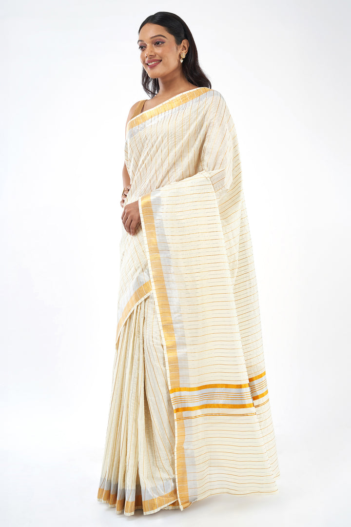 Teejh Nilayam Gold and Silver Zari Stripes Kasavu Sarees
