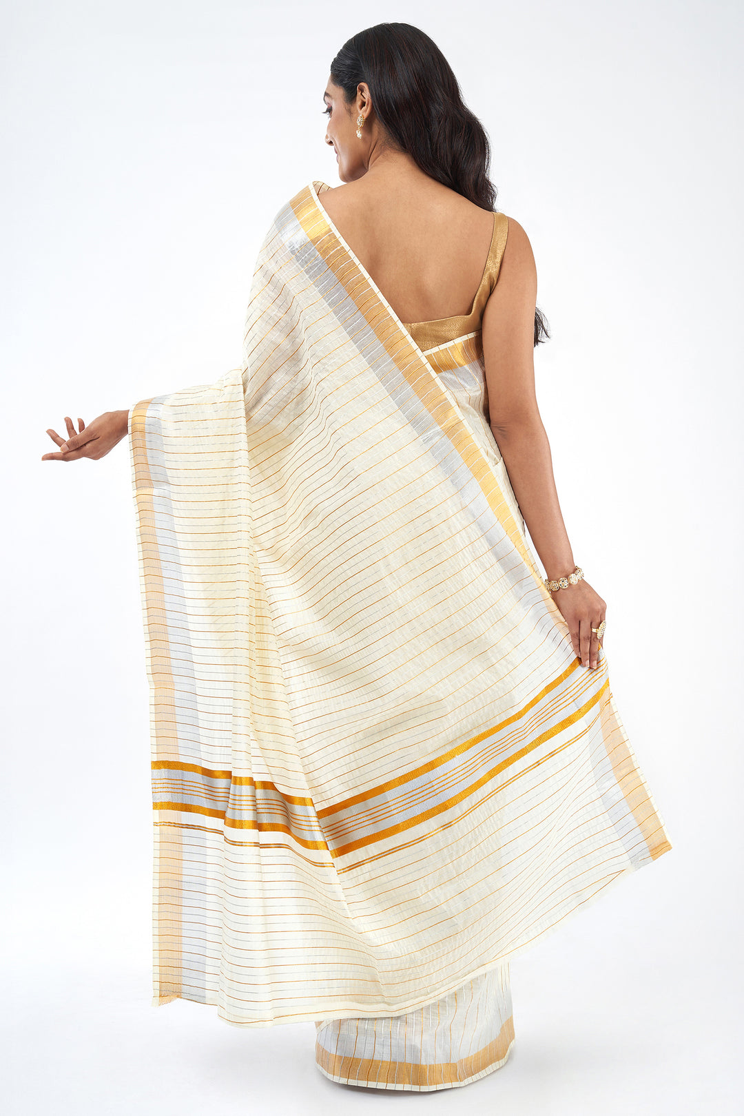 Teejh Nilayam Gold and Silver Zari Stripes Kasavu Sarees