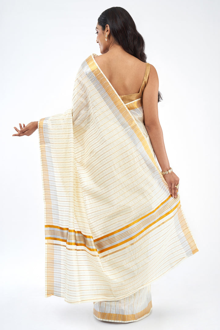 Teejh Nilayam Gold and Silver Zari Stripes Kasavu Sarees