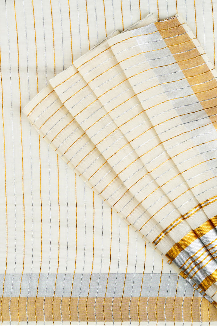 Teejh Nilayam Gold and Silver Zari Stripes Kasavu Sarees