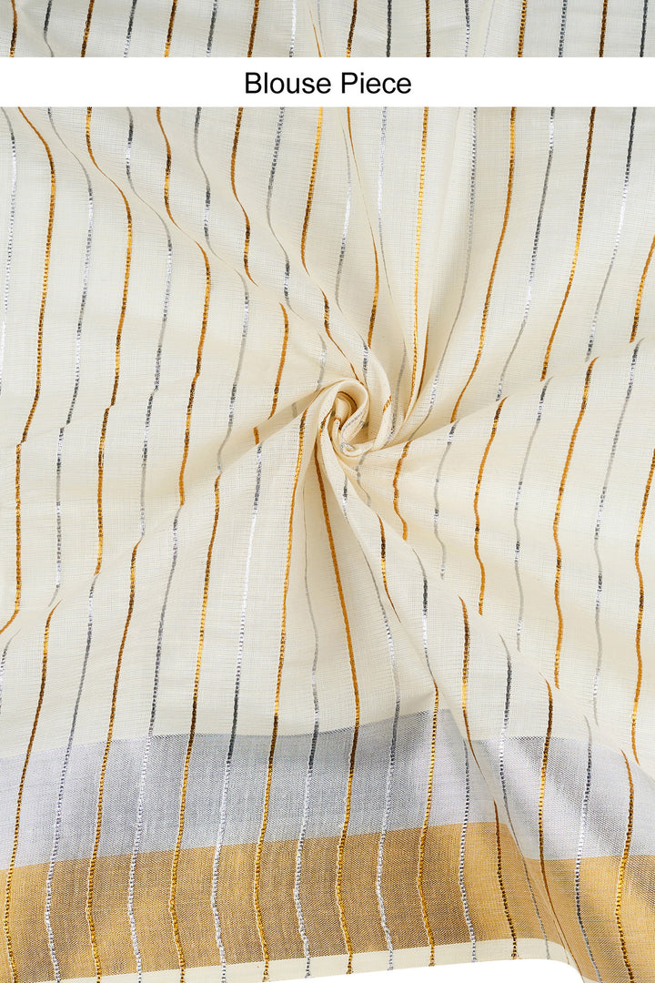 Teejh Nilayam Gold and Silver Zari Stripes Kasavu Sarees