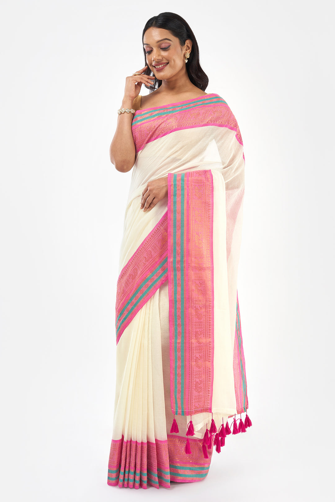 Teejh Sahya Off white and Pink Mul Cotton Saree