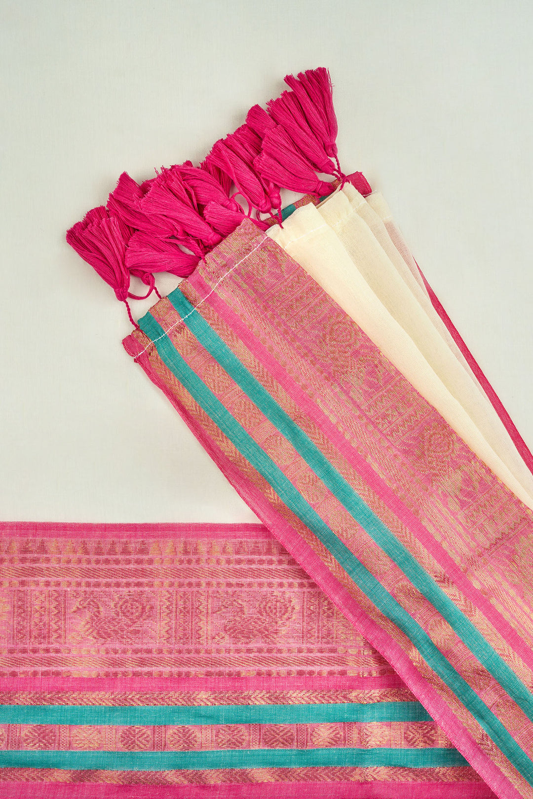 Teejh Sahya Off white and Pink Mul Cotton Saree