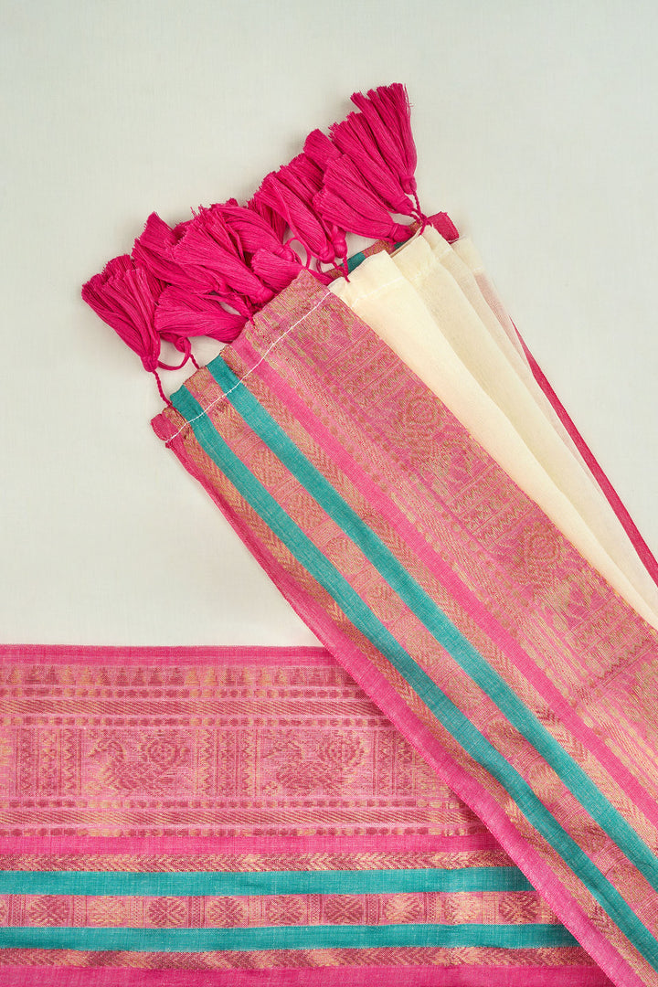 Teejh Sahya Off white and Pink Mul Cotton Saree