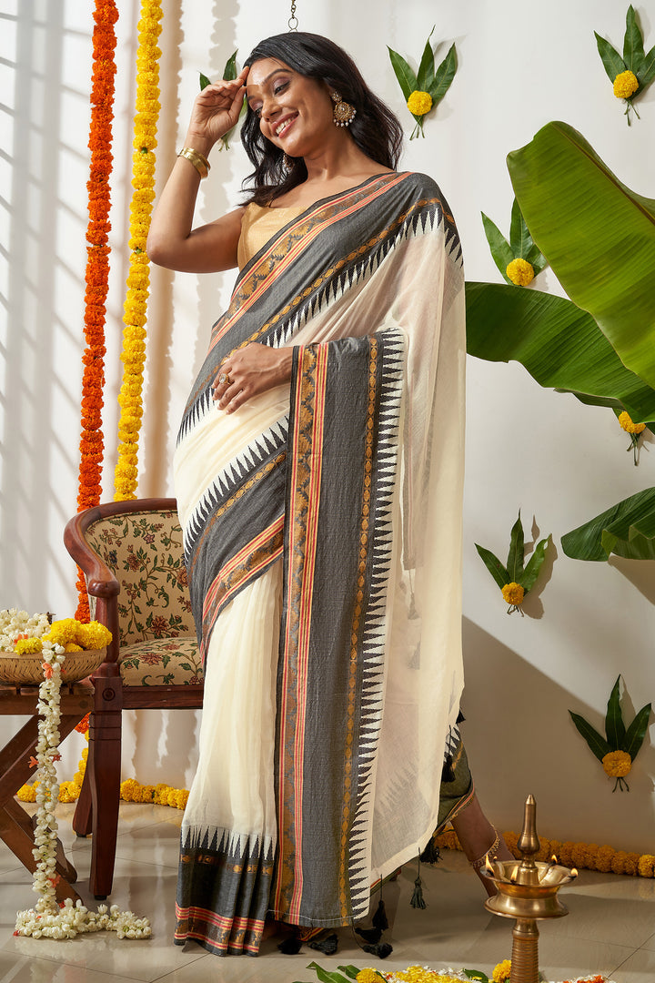 Teejh Sahya Off white and Black Mul Cotton Saree