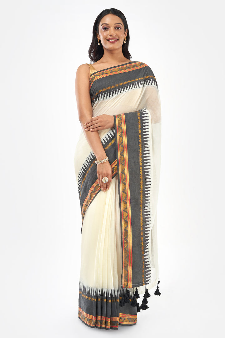 Teejh Sahya Off white and Black Mul Cotton Saree