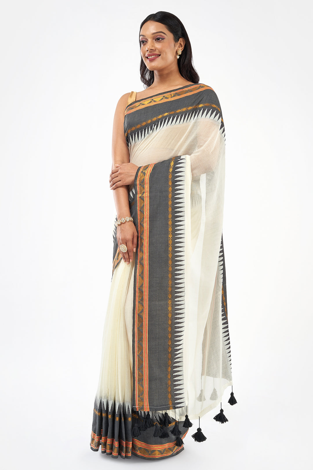 Teejh Sahya Off white and Black Mul Cotton Saree