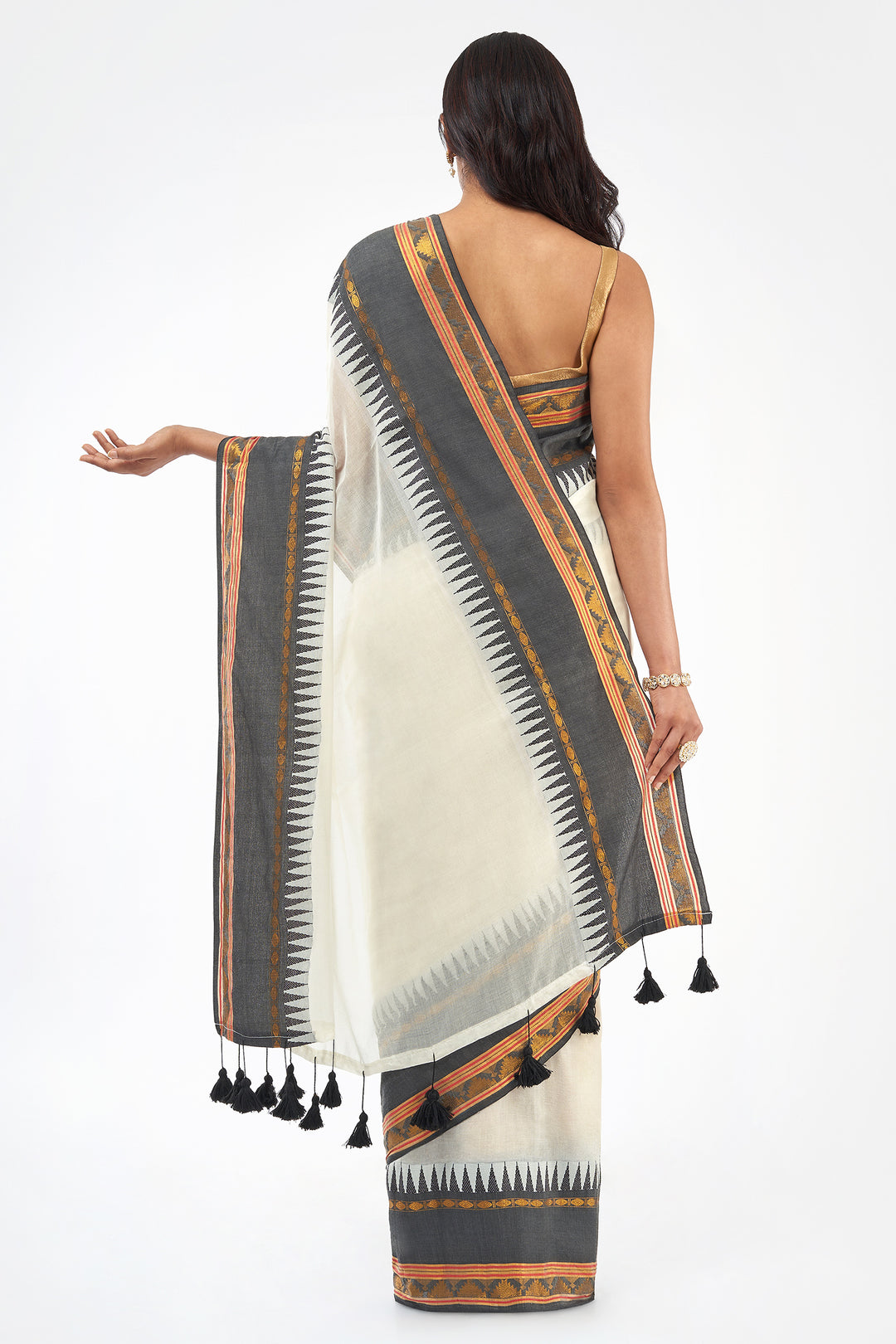 Teejh Sahya Off white and Black Mul Cotton Saree