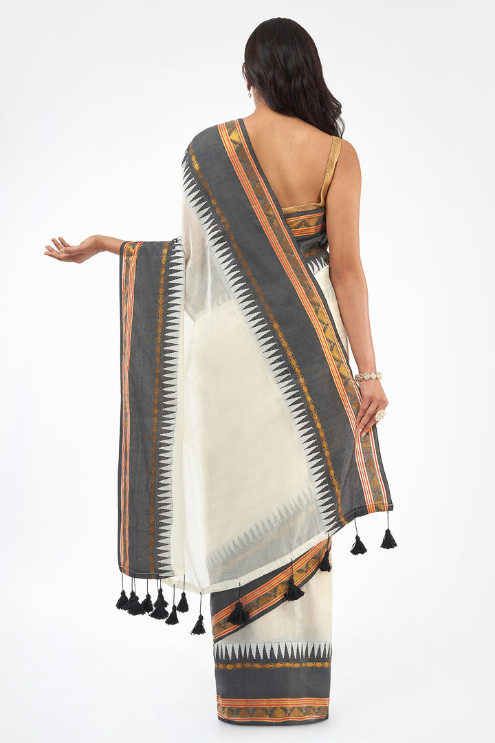 Teejh Sahya Off white and Black Mul Cotton Saree