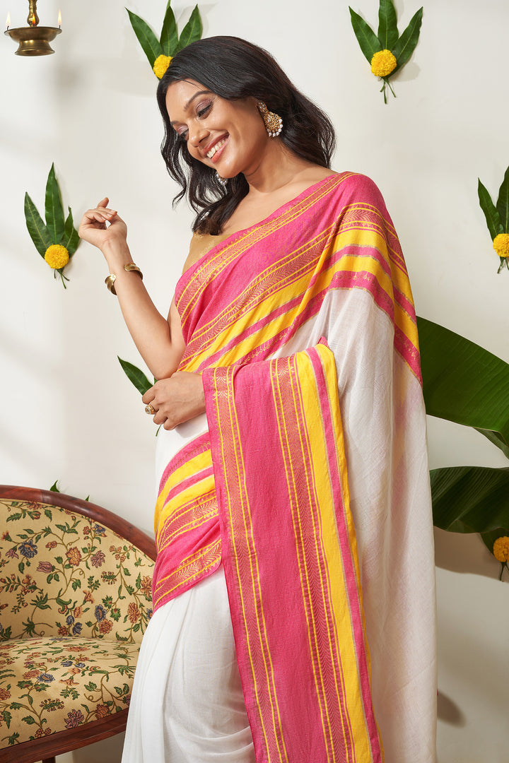 Teejh Sahya Off white and Magenta Mul Cotton Saree
