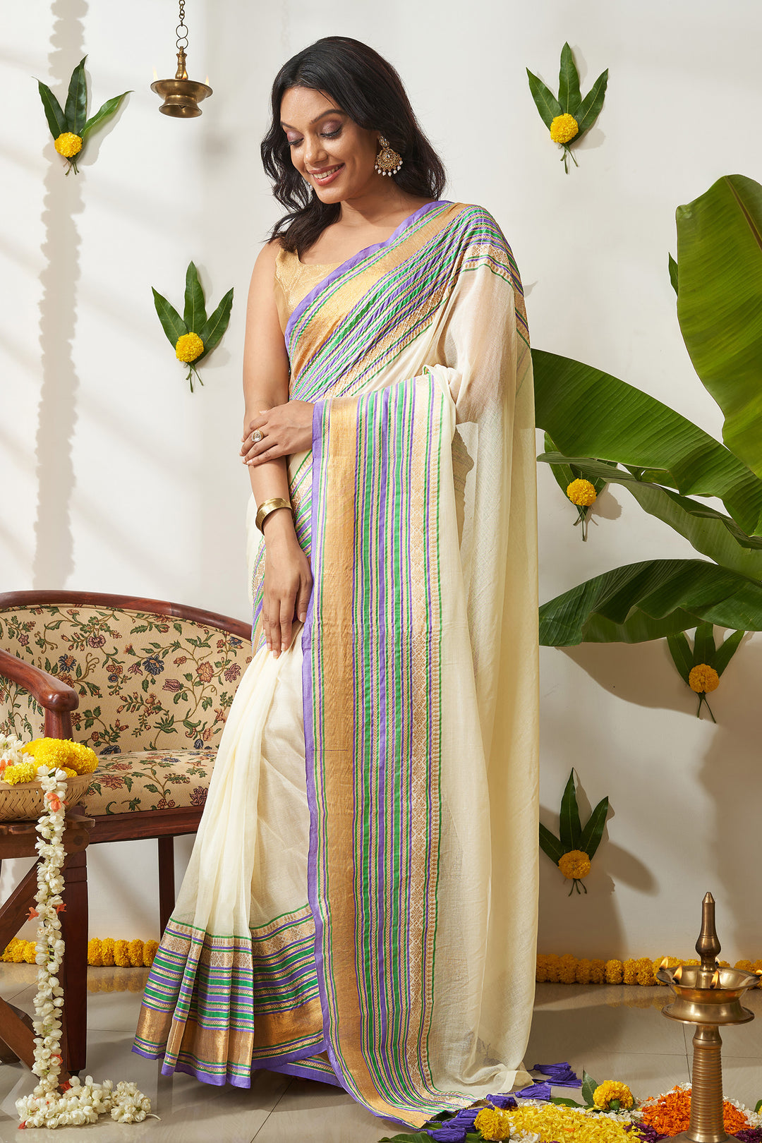 Teejh Sahya Off white and Violet Mul Cotton Saree