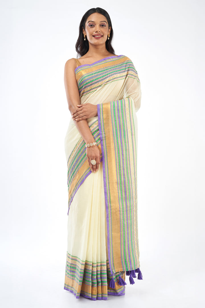 Teejh Sahya Off white and Violet Mul Cotton Saree