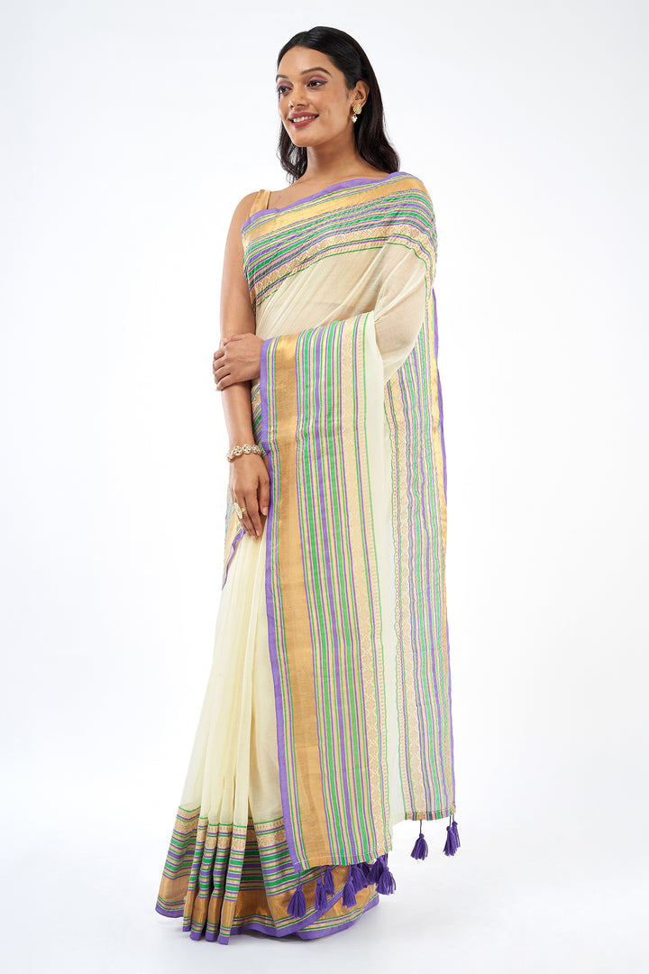 Teejh Sahya Off white and Violet Mul Cotton Saree