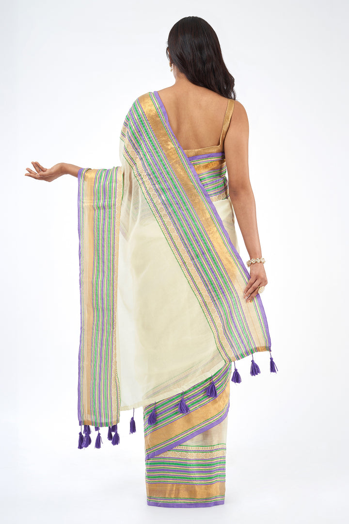 Teejh Sahya Off white and Violet Mul Cotton Saree