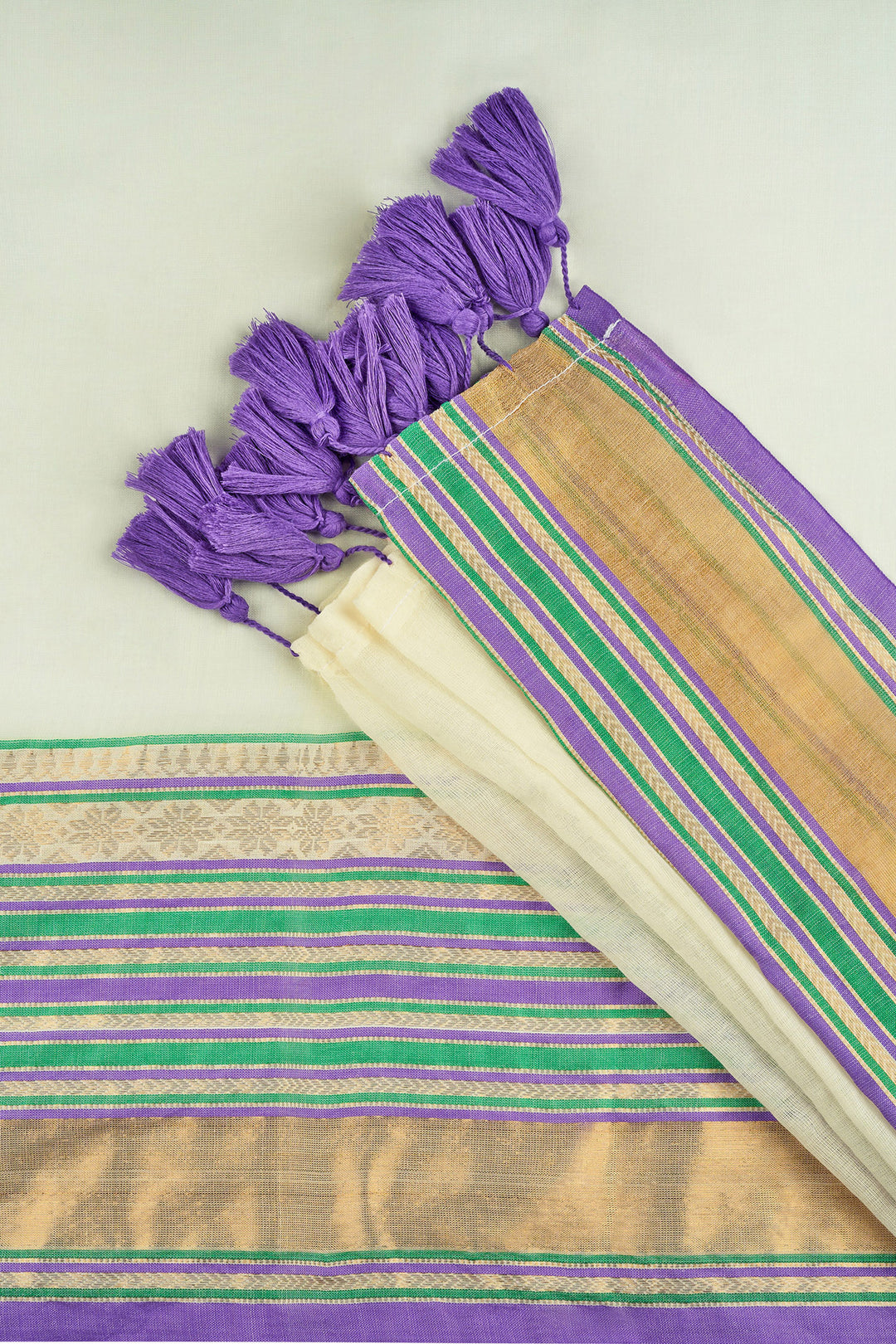Teejh Sahya Off white and Violet Mul Cotton Saree