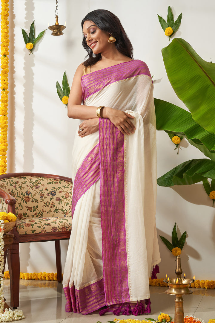 Teejh Sahya Off white and Purple Mul Cotton Saree