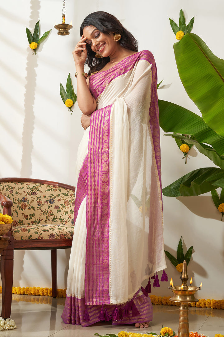 Teejh Sahya Off white and Purple Mul Cotton Saree
