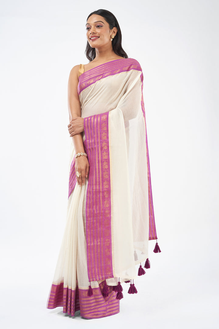 Teejh Sahya Off white and Purple Mul Cotton Saree