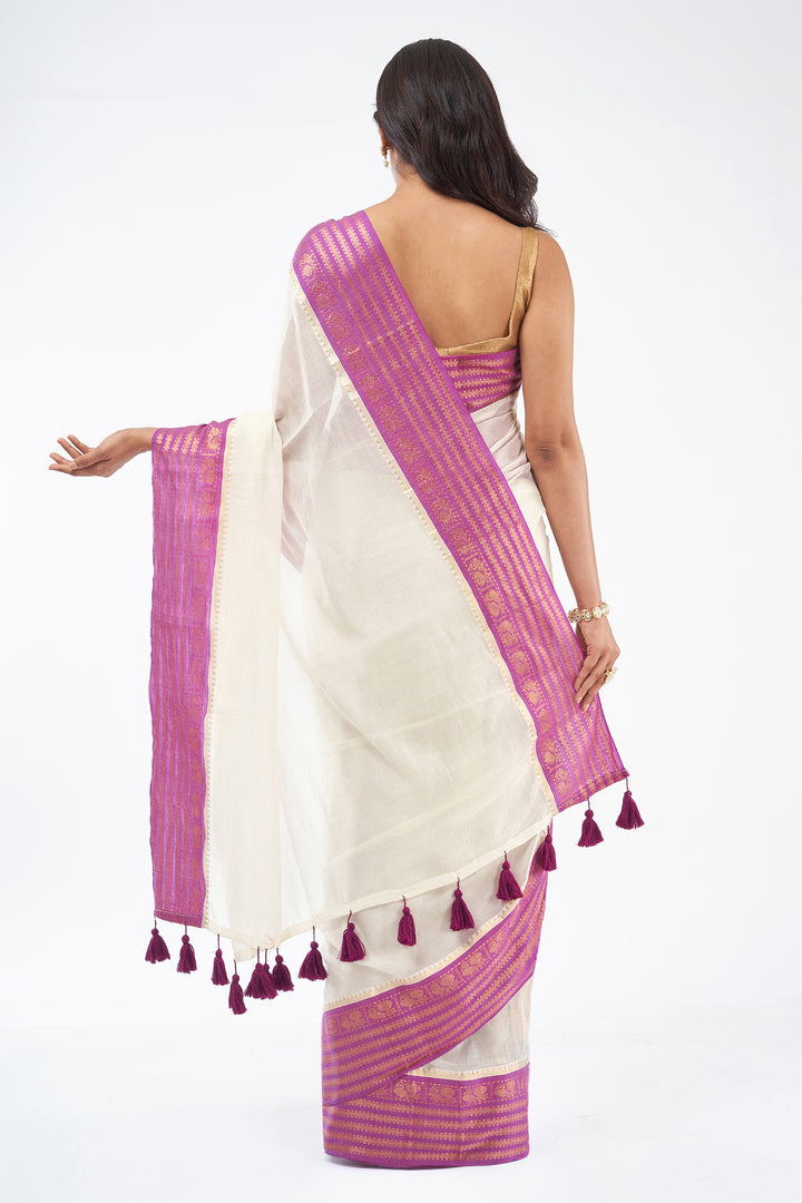 Teejh Sahya Off white and Purple Mul Cotton Saree