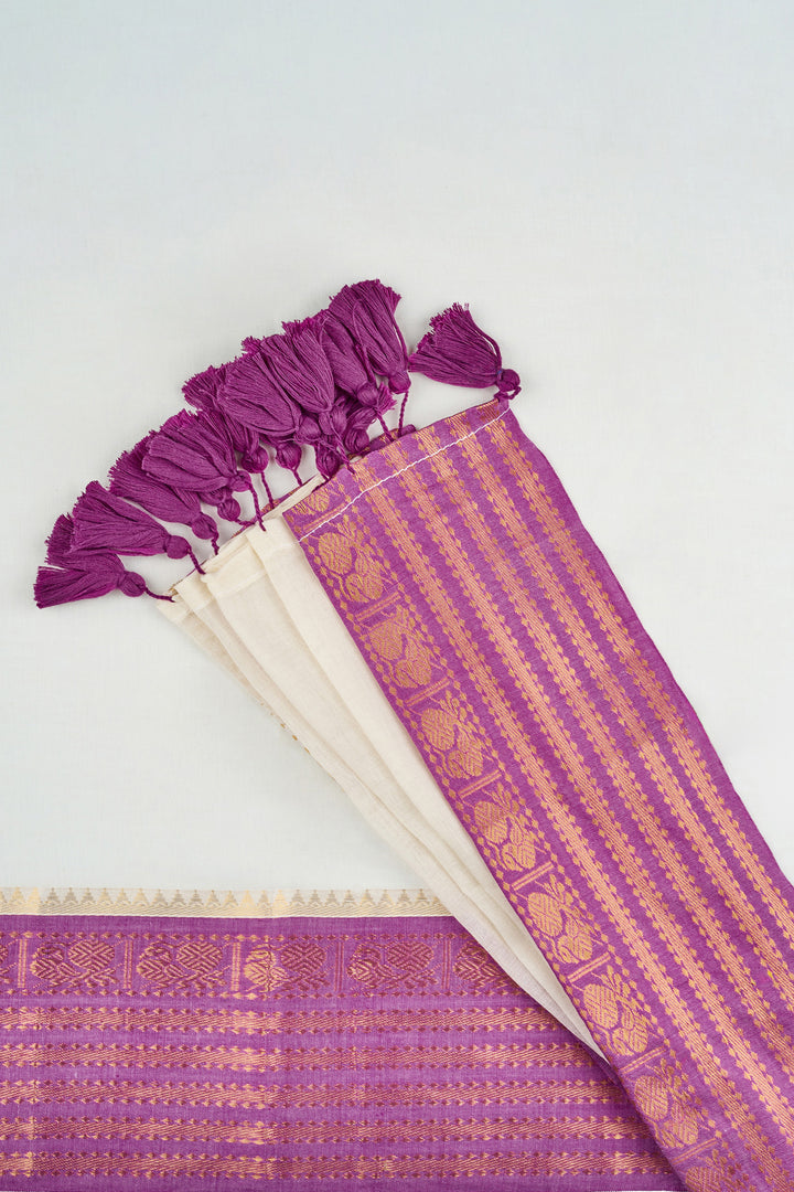 Teejh Sahya Off white and Purple Mul Cotton Saree