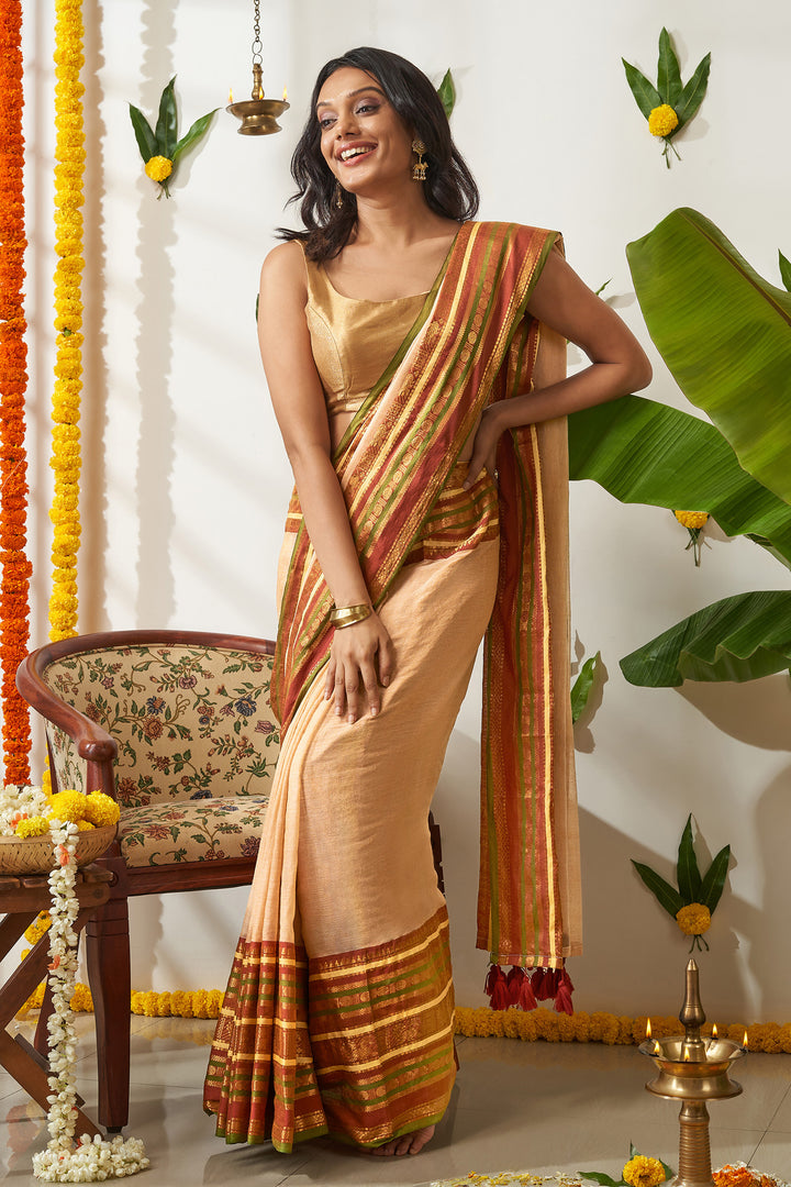Teejh Sahya Off white, Pink and Green Mul Cotton Saree