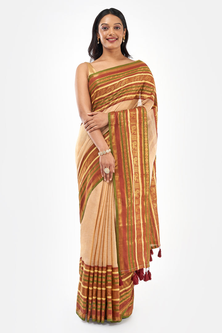 Teejh Sahya Off white, Pink and Green Mul Cotton Saree