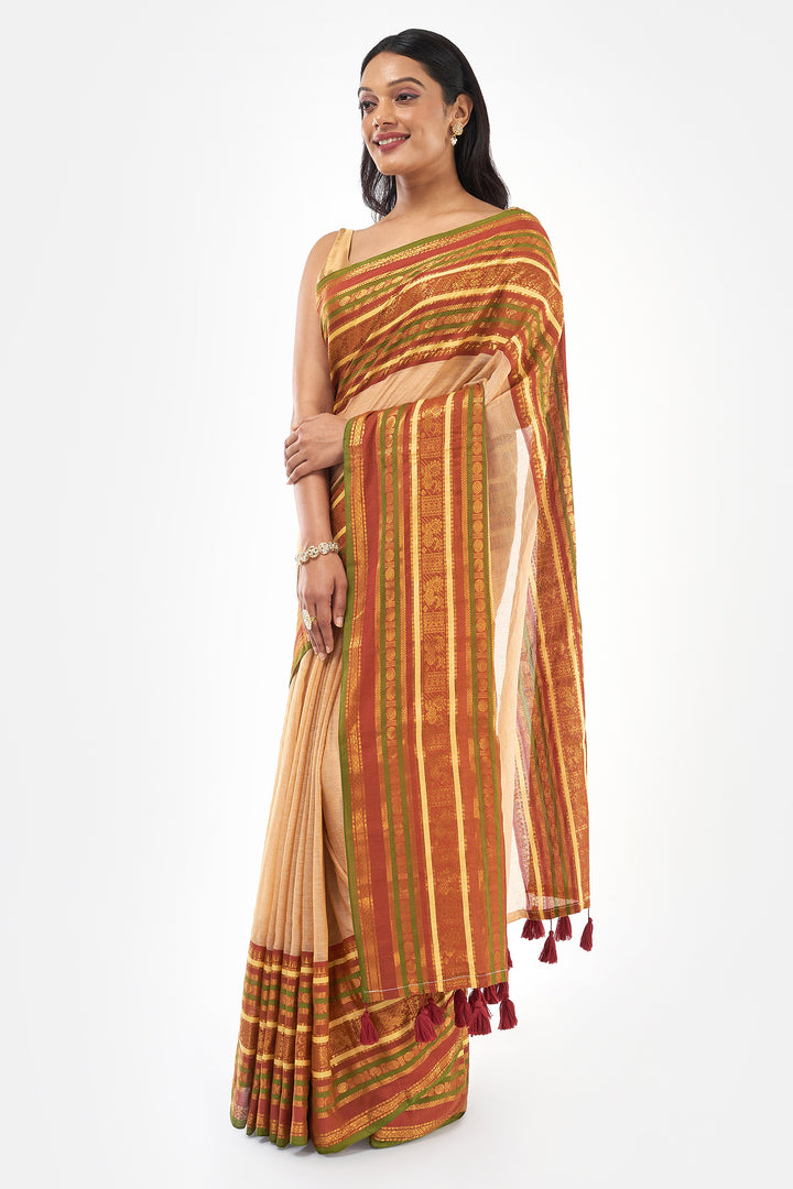 Teejh Sahya Off white, Pink and Green Mul Cotton Saree
