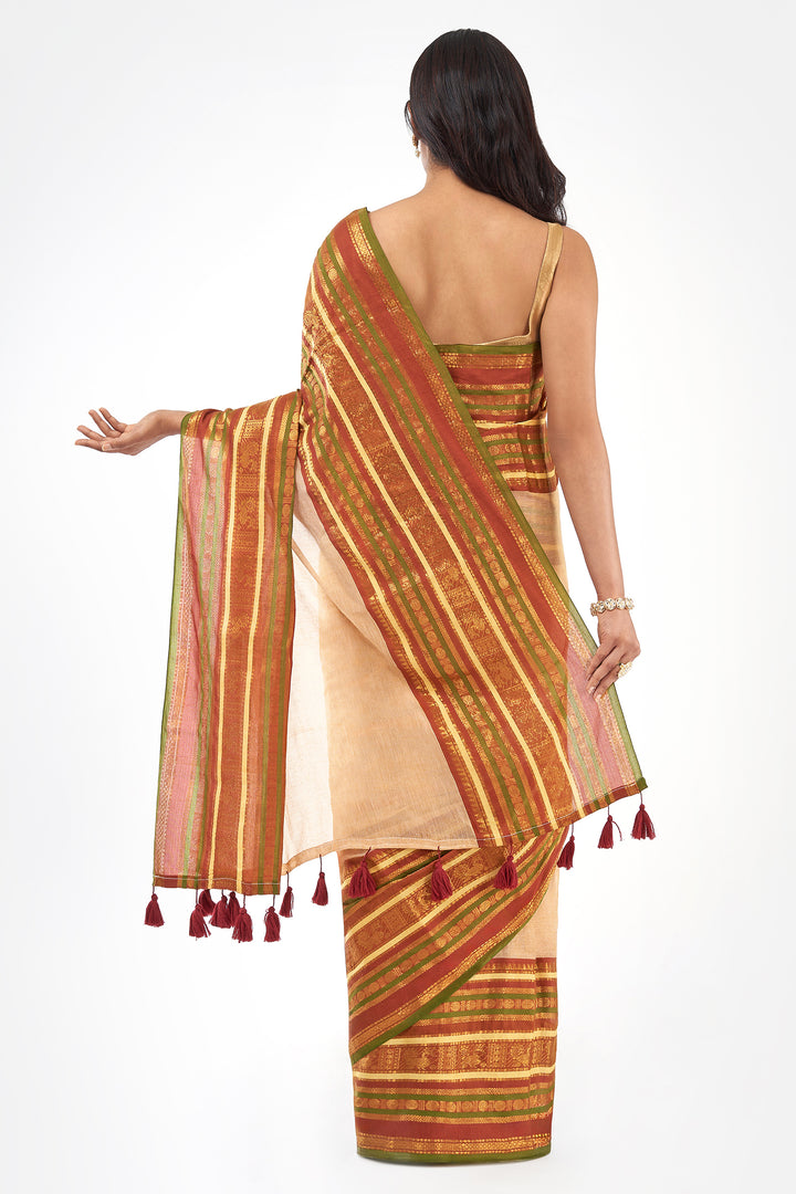 Teejh Sahya Off white, Pink and Green Mul Cotton Saree